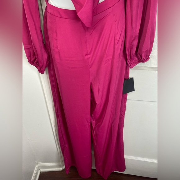 Lulu's NWT Trendsetting Direction Magenta Satin Tie Front Wide Leg Jumpsuit - Picture 11 of 11